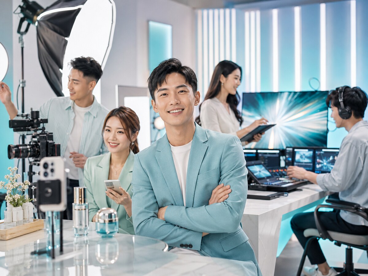 媒體團隊在直播攝影棚製作品牌內容